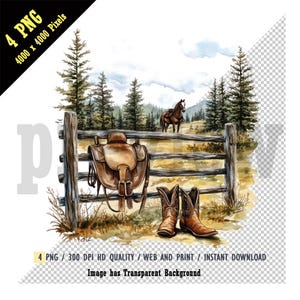 Cowboy Boots Hat & Horse Saddle Watercolor Clipart, a Fence with Western Saddle Sitting, Country Western Scene, Pine Trees, PNG, Sublimation