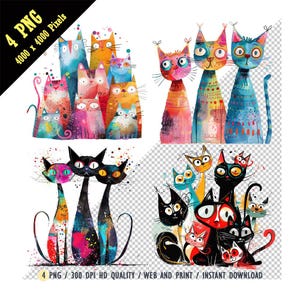 Skurrile süße Katzen Clipart, Katzen Aquarell PNG, Regenbogen Katzen Tiere, lustige verrückte Katzen, sofortiger Download, Sublimation PNG, kreative Projekte