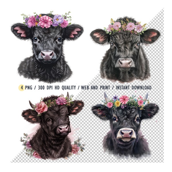 Cute Baby Black Angus Cow Wearing Beautiful Flower Wreath PNG, Baby Black Angus Cow Watercolor Clipart, Digital Downloads, Sublimation