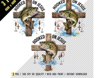 Hooked on Jesus Largemouth Bass Cross PNG, Christian Fishing Sublimation Design, Watercolor Fish Digital Download, Faith Printable Art