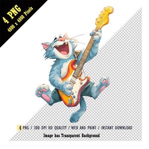 Antropomorfe kat gitaar clipart, gitaar spelende kat clip art design, aquarel kat png, kat zingt met vreugde geluk, digitale download