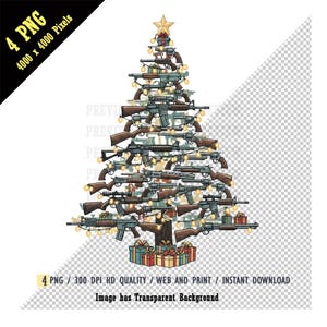 May include: A digital illustration of a Christmas tree made of rifles and guns, decorated with string lights and topped with a gold star. Presents are at the base of the tree. The image has a transparent background.
