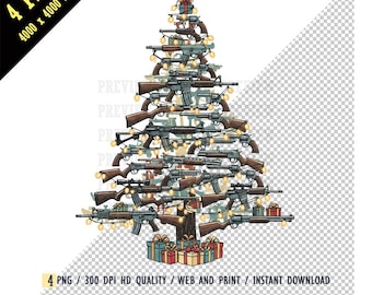 Gun Christmas Tree PNG, Retro Humorous Firearm Xmas Sublimation T-Shirt,Funny Unique Holiday Pro Gun Digital Download,Gun Lover Xmas Clipart
