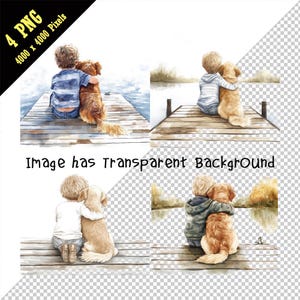 Een jongen knuffelen hond zittend houten brug clipart, kleine jongen knuffelen hond zittend op dok PNG, kind knuffelen hond aquarel, digitale downloads