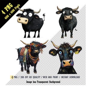 Skurrile verrückte Black Angus Kuh Aquarell Clipart, lustige Kuh PNG, Mixed Media Black Angus Kuh, Junk Journal Art, digitale Downloads