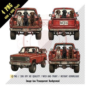 May include: A digital illustration features four red pickup trucks, each with a different arrangement of dogs in the truck bed. The dogs are various breeds and colors. American flags are visible. The license plates read "USA" and "MADE IN USA 1976".