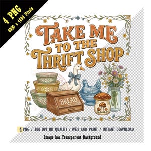 Ta mig till secondhandbutiken PNG, rolig secondhandälskare-skjortdesign, vintage köksredskapsgrafik, Cottagecore gåssvamp, digital nedladdning