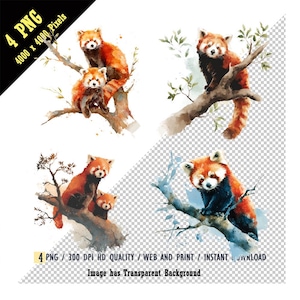 Pandas vermelhos caprichosos sentados em um galho de árvore PNG, clipart de aquarela de panda vermelho, panda vermelho bebê, download instantâneo, artesanato em papel, sublimação
