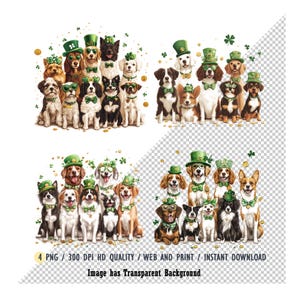 Un grupo alegre y festivo de perros de distintas razas vestidos con accesorios del Día de San Patricio. Sombreros de duende verde, coronas de trébol, PNG