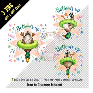 Peut inclure: Trois images PNG représentant des canards dans des bouées gonflables vertes, avec l'expression "Bottom's up" en écriture verte. Les canards sont représentés la tête sous l'eau et les pieds en l'air, entourés d'étoiles et d'éclaboussures.