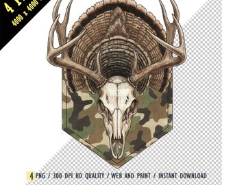 Watercolor Deer Skull & Turkey Fan Sublimation PNG, Deer Camo Hunting Outdoorsman, Rustic Antlers Feathers Clipart Hunter Shirts Mugs Decals