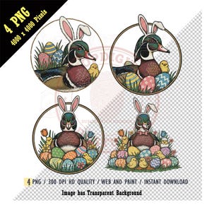 Könnte beinhalten: Vier PNG-Bilder mit Ostermotiven. Jedes Design ist eine kreisförmige Illustration einer Ente oder eines entenähnlichen Wesens mit Hasenohren, umgeben von Ostereiern und Küken. Der Text "4 PNG", "4000 x 4000 Pixel" und weitere Details sind enthalten.