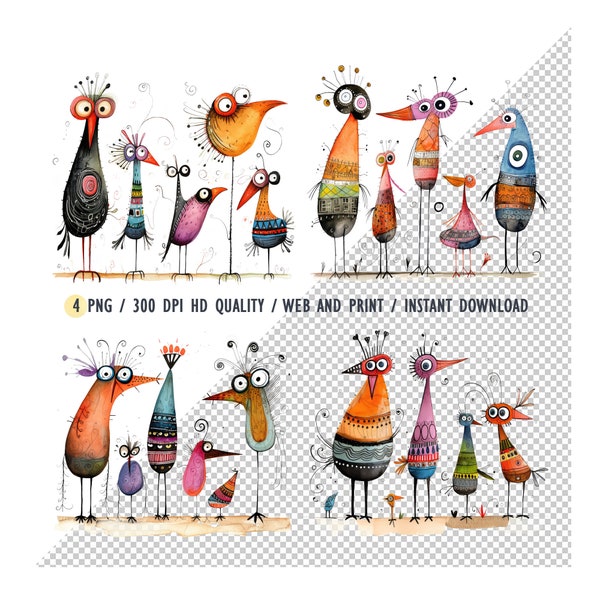 Whimsical Funny Birds Clipart, Whimsical Birds Watercolor PNG, Colorful Funny Birds, Sublimation Designs, Digital Downloads, DIY Projects