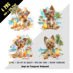 Cachorro Yorkie relaxando na ilha, Yorkshire Terrier PNG, Filhote de Yorkshire com pelo fofo, Óculos de sol em formato de coração com glitter arco-íris, Praia tropical, Palmeira