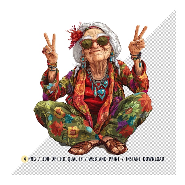 Old Funny Ladys Hippie Clipart, Funny Old Ladies PNG, Grandmother Hippie Watercolor, Cute happy elderly lady,Bohemian style,Digital Download