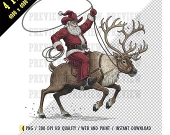 May include: A digital illustration of Santa Claus riding a reindeer and swinging a lasso. Santa is wearing a red cowboy hat and suit. The reindeer has large antlers. The image has the text "4 PNG 4000 x 4000 Pixels" and "Image has Transparent Background".
