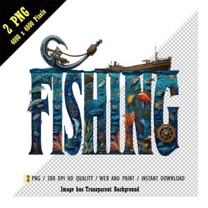 PÊCHE en eau salée typographie PNG, lettre Art nautique maritime, gros gibier poisson Marlin/thon & ancre PNG, décoration côtière, Art de cabine de bateau