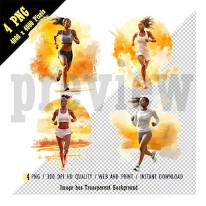 Aquarelle fille noire courir au coucher du soleil PNG, Clipart femme sport, silhouette femme athlétique en mouvement, mouvement énergétique, Sublimation