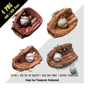Ilustración hiperrealista de guante y pelota de béisbol PNG, clipart digital de guante de béisbol de estilo vintage, imprimible digitalmente, descarga digital