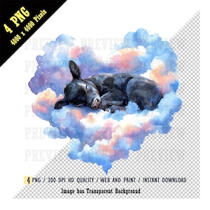 Cena de fantasia de um bezerro Black Angus dormindo em uma nuvem em forma de coração PNG, Amor Black Angus, Aquarela de vaca Angus, Download instantâneo