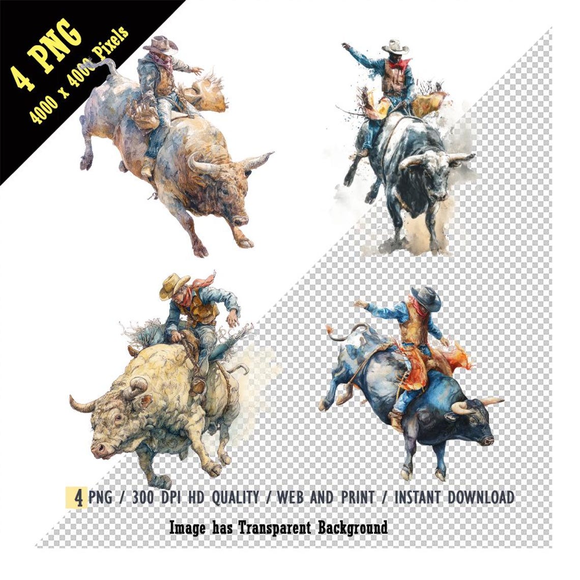 Bull Riding Scrapbook Bull Riding, Rodeo Cowboys Clipart Bundle - Cowboy on Bucking Bull PNG ...