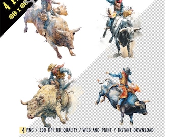 Bull Riding, Rodeo Cowboys Clipart Bundle - Cowboy on Bucking Bull PNG, Bronc Riding, DIY Projects, Sublimation, Scrapbooking, Card Making