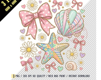 Floral Coquette Coastal Sublimation PNG, Pink Bow Seashell Pearls Digital Download, Mermaidcore Starfish T-shirt Design, Summer Beach Vibes
