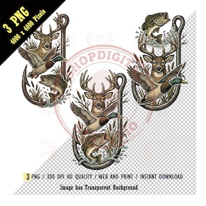 May include: Three digital illustrations featuring a deer, a duck, and a fish, each set within a stylized hook shape. The deer has large antlers, the duck is in flight, and the fish is jumping out of the water. The image has a transparent background.
