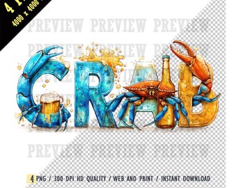 Blue Crab & Beer Typography Digital Art PNG, Blue Crab Holding Beer PNG, Marine Life Decor, Unique Gift for Seafood Lover Beer, DIY Projects