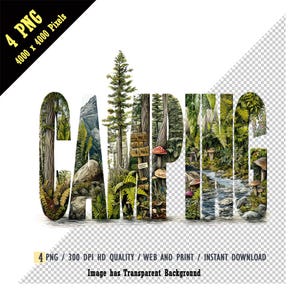 Nature sauvage CAMPING typographie Art PNG, parc National vintage, forêt profonde, alphabet nature pin, rivière et champignon Téléchargement instantané