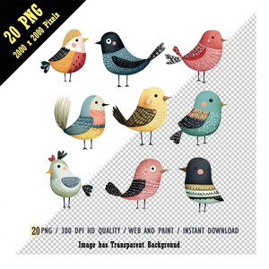 Lunatique fou oiseaux scandinaves Clipart PNG, drôle, original oiseaux scandinaves, techniques mixtes, Junk Journal Art, clipart aquarelle imprimable