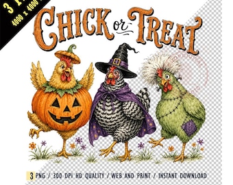 Halloween Chicken Sublimation PNG, Chick or Treat Digital Download,Vintage Halloween Spooky Chicken Clipart, Pumpkin Witch Frankenstein Hens