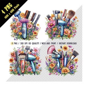Une aquarelle de coiffeur vintage vibrante, salon de coiffure, salon de coiffure, clipart coiffeur, fleurs tropicales, sublimation, téléchargement numérique instantané