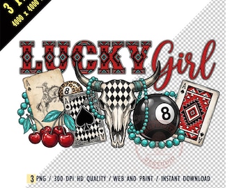 Lucky Girl Western Boho Sublimation PNG, Bull Skull Ace of Spades 8 Ball Cherries, Cowgirl Vintage Country Digital Download T-Shirt Design