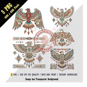 Puede incluir: Una colección de cinco imágenes PNG con águilas estilizadas con las alas extendidas. Las águilas están adornadas con intrincados patrones en tonos de verde azulado, marrón y rojo. La imagen incluye elementos decorativos de borde y el texto "5 PNG 4000 x 4000 Pixels".