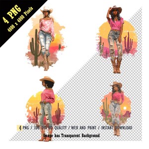 Conception de T-shirt de cow-girl, chapeau de cow-girl rose coucher de soleil rose & bottes PNG, jean effet vieilli cow-girl afro-américain, cactus coucher de soleil dans le désert, bricolage