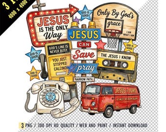 Vintage Jesus Watercolor Design PNG, Christian Retro Cassette & Phone Collage, Jesus Saves Collage PNG,Inspirational Faith Digital Download