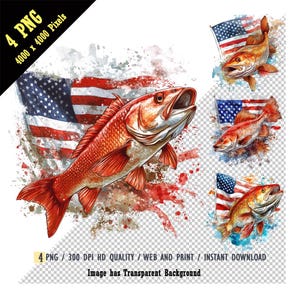 May include: A red fish with its mouth open leaps out of the water, with an American flag behind it. The image is a watercolour painting with a white background.