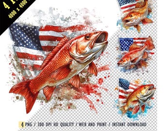 Watercolor Redfish Sublimation PNG, Saltwater Fishing PNG, Redfish, American Flag Waving in the Background, Redfish png, Digital Downloads