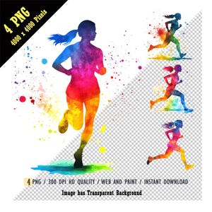 Laufendes Mädchen Silhouette PNG, buntes Watercor, laufende Frau Clipart, Läuferin Clipart Bundle, Marathonläufer, Silhouette, Sublimation