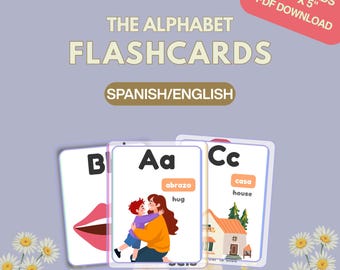 May include: A set of educational flashcards measuring 8.89 cm by 12.7 cm, featuring the alphabet in Spanish and English. The cards display letters like Aa with an illustration of a person hugging, and Cc with a house, labelled casa and house.