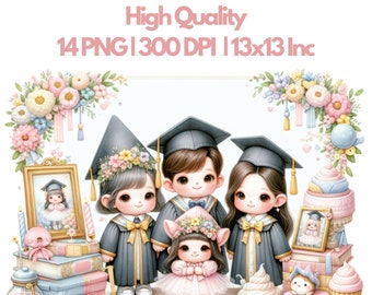 Graduating Students Clipart, Watercolor Graduate Clipart, Graduation PNG, Educational Clipart, Preschool Graduation, Graduation Party