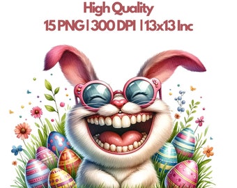 Imágenes prediseñadas de conejito de Pascua divertido, imágenes digitales de conejos extravagantes para manualidades de Pascua, lindo huevo de Pascua de caricatura, invitaciones y proyectos de primavera