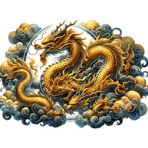 水彩ゴールドオリエンタルドラゴンクリップアートバンドル | 中国の旧正月パーティー | 12 の高品質透明クリップアート PNG | 水彩ドラゴン