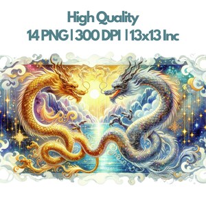Paquete de imágenes prediseñadas de dragón oriental de oro y plata de acuarela / fiesta de año nuevo chino / 14 imágenes prediseñadas transparentes de alta calidad PNG