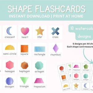 2D Shape Flashcards for kids, educational printable PDF, watercolour maths poster for preschool, Montessori homeschool learning activity