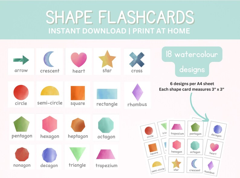 2D Shape Flashcards for Kids, Educational Printable PDF, Watercolour ...