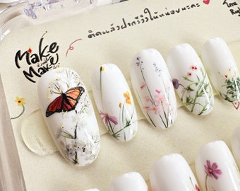 FLOWER PAINTING press on nails, fake nails, open for custom made, handmade, nails, nail art, nail decals, craft nails