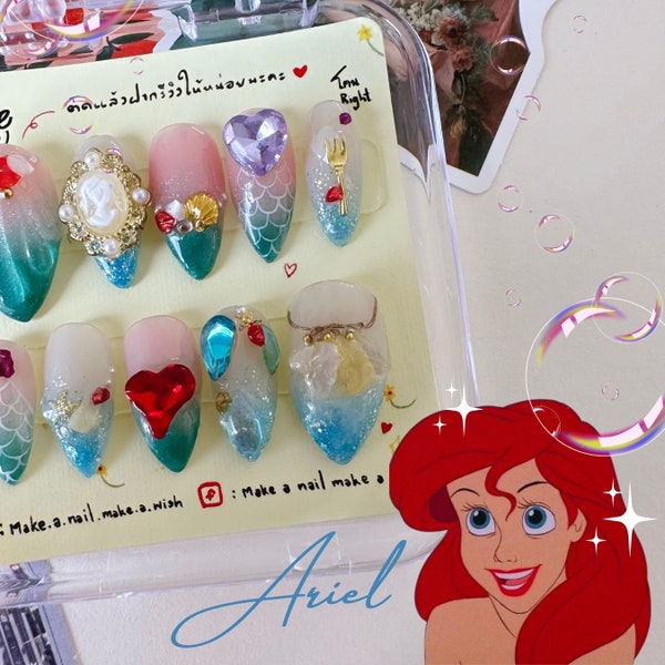 Ariel'S inspiration press on nails, fake nails, open for custom made, handmade, nails, nail art, nail decals, craft nails