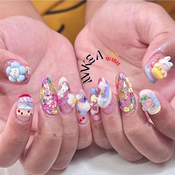 CUTE-RAINBOW press on nails [ open for custom made ] fake nails / nails /  nail art /  premium press on nail / reuable nails